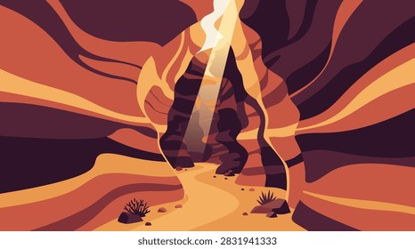 A stylized flat vector illustration of a narrow desert canyon with layered rock formations and a bright light beam shining down.