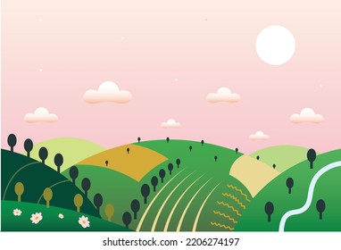 A stylized, flat vector illustration of a peaceful, hilly landscape with a pink sky, fluffy clouds, trees, and fields under a large sun
