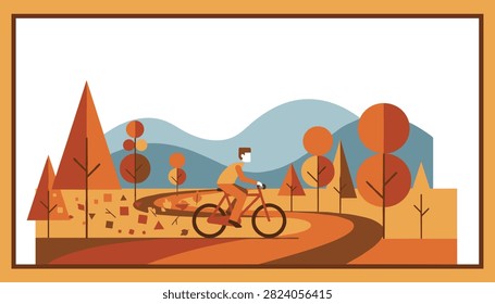 Stylized flat vector illustration of a person riding a bicycle on a winding country road during autumn season.