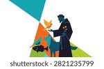 A stylized flat vector illustration of Saint Francis of Assisi standing with a bird in his hand surrounded by various animals