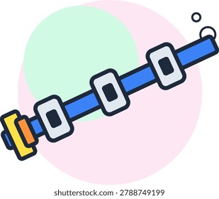 A stylized flat vector illustration of a scuba diving weight belt featuring several lead weights and a fast release buckle. This icon represents essential underwater equipment used by divers to control buoyancy. The modern design uses vibrant blue, yellow, and orange colors set against a soft pastel geometric circular background.