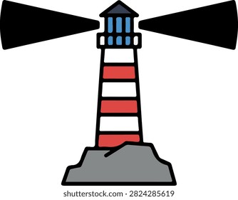 A stylized flat vector illustration of a striped lighthouse standing on a rock, emitting beams of light to both sides.