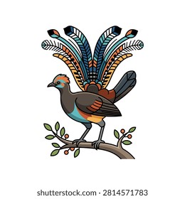 A stylized flat vector illustration of a superb lyrebird perched on a branch.