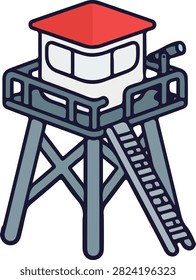 A stylized flat vector illustration of a tall security observation tower with a red roof and stairs, isolated against a white background.