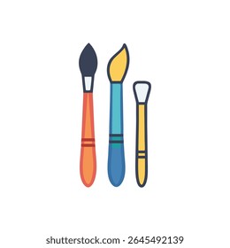 Ilustración vectorial plana estilizada de tres pinceles de formas diferentes. Diseño limpio con Formas geométricas simples. Paleta brillante de naranja, azul, amarillo.