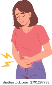A stylized flat vector illustration of a young woman suffering from severe abdominal pain and stomach cramps in pink clothes