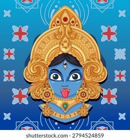Stylized flat vector portrait of blue deity wearing ornate gold jewelry on patterned blue background.