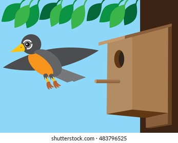 Stylized flat vector robin flying away from birdhouse attached to a tree