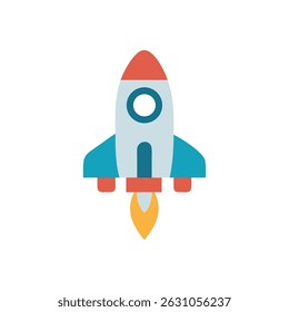 Stylized flat vector rocket launch illustration. Central composition, simple shapes, and bright colors against a solid White Background.
