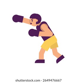 A stylized, flat-design boxer in yellow shorts and purple gloves throws a punch, isolated on white, with a dynamic, energetic, and determined mood.
