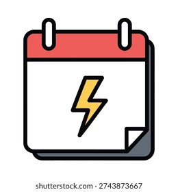 A stylized flat-design calendar icon featuring a red header, folded corner, and a yellow lightning bolt. Perfect for representing urgent deadlines, energy events, or storm alerts on white background.