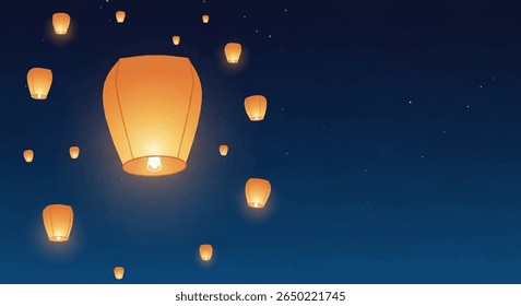 Stylized Floating Lanterns in Night Sky Banner with Stars and Ample Copy Space for Hopeful August Messaging