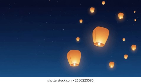 Lanternas flutuantes estilizadas no céu noturno Banner com estrelas e amplo espaço de cópia para mensagens de agosto esperançoso