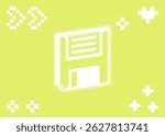 Stylized floppy disk shape vector illustration on yellow green background. Diskette halftone dot pattern. Abstract grunge overlay texture. Retro bold dotted white design element