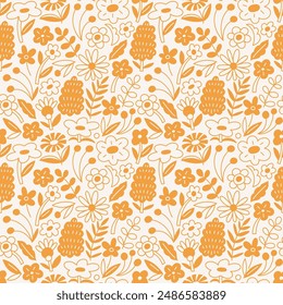 Stylized flora seamless pattern design in Scandinavian style. Vector hand-drawn yellow flowers on white background. Simple stylish doodle botanical print for fabric design. 
