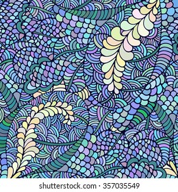 Stylized floral abstract floral wave ornaments, hand drawn vector illustration made of simple doodles. Zen tangle, boho style