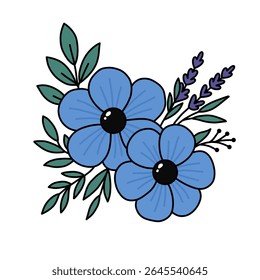 A stylized floral arrangement featuring two blue flowers with black centers, sprigs of lavender, and green leaves, all outlined in black on a white background.