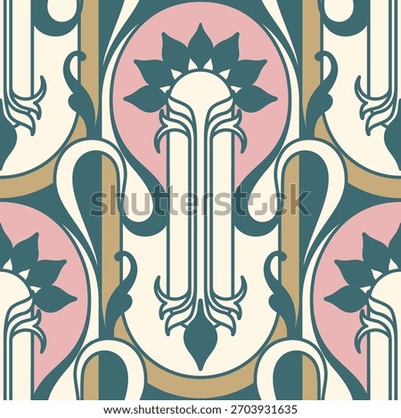 Stylized floral Art Deco pattern with bold lines and soft pink deep teal, warm gold tones.
