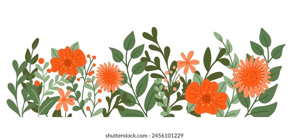 Stylized floral border or horizontal banner. Hand drawn flat abstract flowers and branches, simple blossom. Botanical natural background isolated on white background.