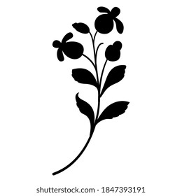 Stylized floral branch with flowers. Black silhouette on white background.