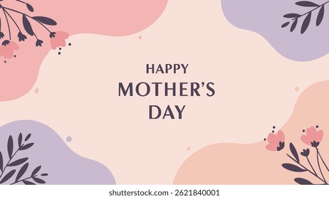 Stylized floral branches with pink blossoms and dark leaves, arranged around the text "Happy Mother's Day" on a pastel background.