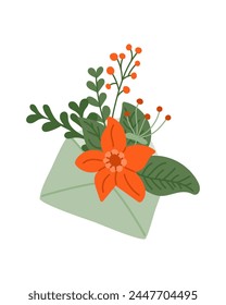 Stylized floral bunch in envelope illustration. Spring modern concept. Flat hand drawn colored stylized elements on white background. Unique print design for printout, poster, interior decor