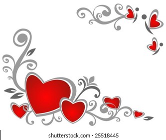 Stylized floral curves and hearts on a white background.