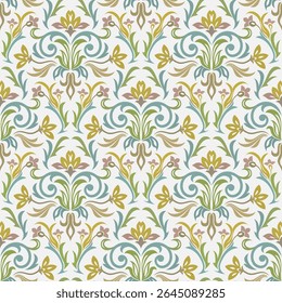 Stylized floral damask pattern in muted green and yellow for elegant wallpaper designs. Vector seamless border in Victorian style. Vector, illustration