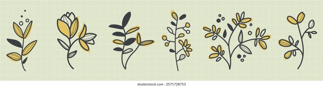 Stylized floral design with yellow and gray flowers. Flowers in various shapes, with yellow and gray accents. Elegant floral patterns, yellow and gray theme. Floral line art vector set.