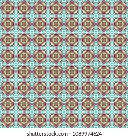 Stylized floral doodle background. Colorful seamless pattern in mosaic style. Oriental ethnic ornament in gray, beige and blue colors. Textile fabric paper print. Vector patchwork quilt pattern.