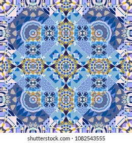 Stylized floral doodle background. Textile fabric paper print. Colorful seamless pattern in mosaic style. Oriental ethnic ornament in blue, gray and violet colors. Vector patchwork quilt pattern.