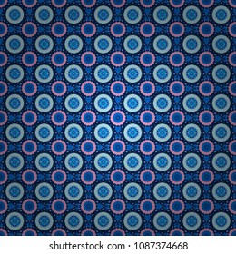 Stylized floral doodle background. Textile fabric paper print. Patchwork quilt pattern. Colorful seamless pattern in mosaic style. Oriental ethnic ornament in orange, gray and blue colors.