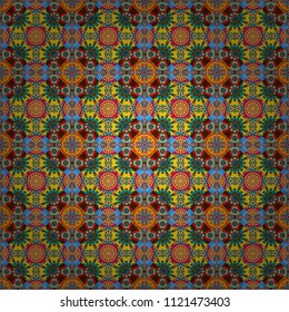 Stylized floral doodle background. Textile fabric paper print. Vector patchwork quilt pattern. Colorful seamless pattern in mosaic style. Oriental ethnic ornament in blue, green and pink colors.