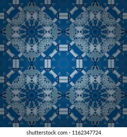 Stylized floral doodle background. Vector patchwork quilt pattern. Colorful seamless pattern in mosaic style. Textile fabric paper print. Oriental ethnic ornament in black and blue colors.