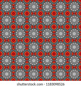 Stylized floral doodle background. Vector patchwork quilt pattern. Colorful seamless pattern in mosaic style. Textile fabric paper print. Oriental ethnic ornament in brown, gray and blue colors.