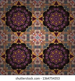 Stylized floral doodle background. Vector patchwork quilt pattern. Oriental ethnic ornament in black, pink and purple colors. Textile fabric paper print. Colorful seamless pattern in mosaic style.