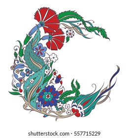 Stylized floral drawing, traditional Ottoman Turkish art, Iznik style decorative design element, circle copy space for your text