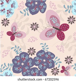 Stylized floral and funny cats seamless vector patterns