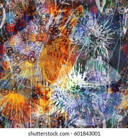 Stylized floral hand drawn elements. Abstract seamless texture. Blue and brown colors. 