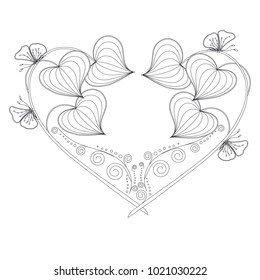 Stylized floral monochrome heart, butterfly, sketch, design element stock vector illustration for print, for tattoo