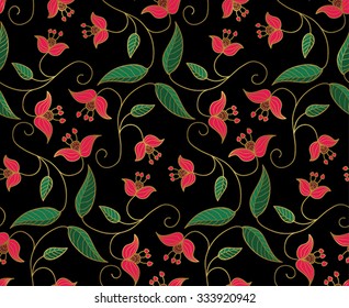 Stylized floral ornament. Vector seamless pattern with gold contour 
and pink flowers on black background. Template for shawl.
