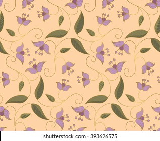 Stylized floral ornament. Vector seamless pattern with gold contour and lilac flowers on beige background. Template for shawl, wallpaper.