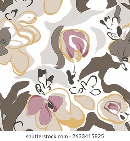 Stylized floral pattern with abstract shapes in brown, beige, gold, and mauve on a white background.