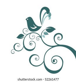 Stylized floral pattern with bird isolated on a white background.