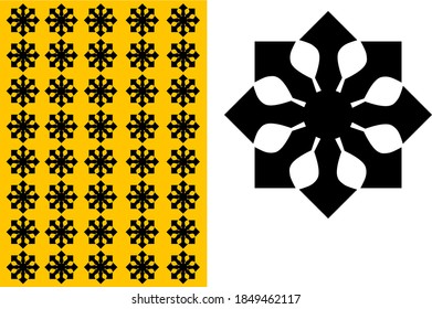 Stylized floral pattern in black on yellow and white background. Ideal for traditional, cultural, or decorative project, Bold, symmetrical,and visually appealing.