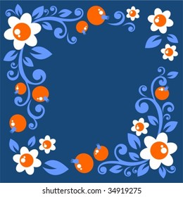 Stylized floral pattern with flowers and berries on a blue background.