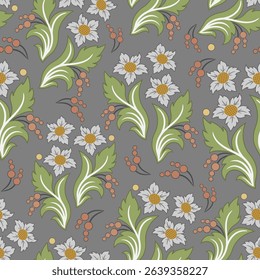 Stylized floral pattern in gray and green for decorative fabric or wrapping paper. Vector seamless border in Victorian style. Vector, illustration