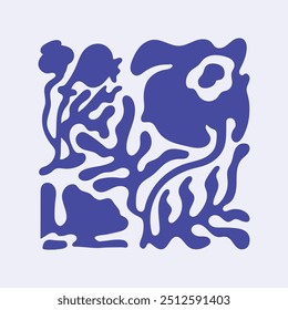 Patrón floral estilizado en la tarjeta. Rama de forma retorcida de plantas abstractas. Siluetas azules de flores Matisse. Impresión de flores curvas, hojas y sombras. Arte de la pared, decoración. Ilustración vectorial plana