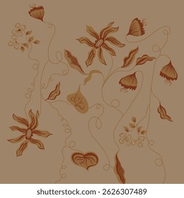 Stylized  Floral Pattern for Textile Print for Fabric, Hand Drawn Botanical Design on Brown Background