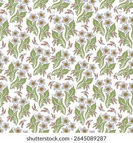 Stylized floral pattern in white, gray and green for decorative fabric or wrapping paper. Vector seamless border in Victorian style. Vector, illustration